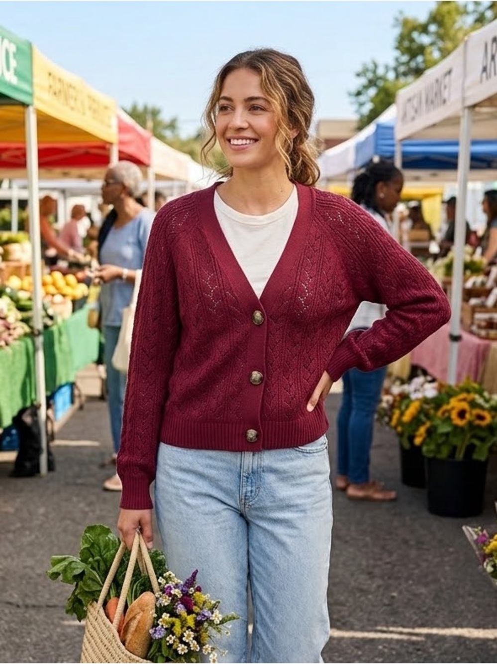 LOFT Womens Wine Pointelle Knit Button Front Cotton Cardigan Sweater Large NWT